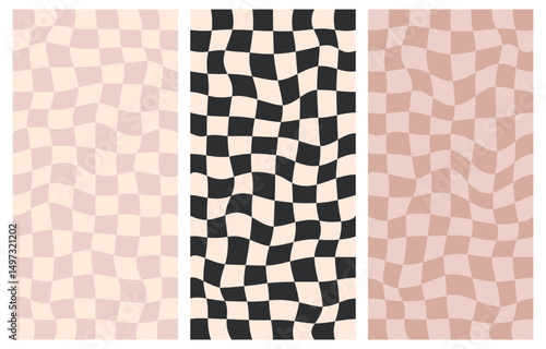 Groovy hippie 70s backgrounds. Checkerboard, chessboard, mesh, waves pattern. Twisted and distorted texture in trendy retro psychedelic Y2k style. Flat vector illustration 