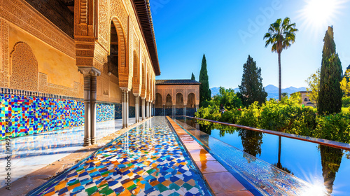 Stunning view of vibrant tiles reflecting in water, surrounded by lush greenery and palm trees, showcasing architectural beauty and serenity