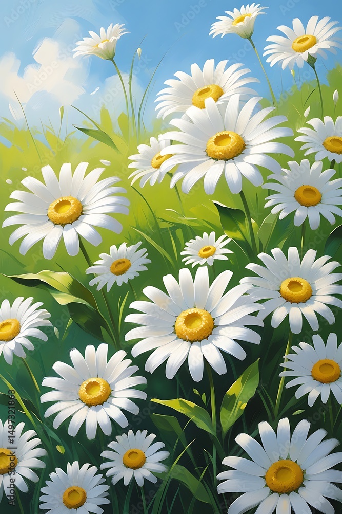 Fototapeta premium Field of white daisies in a green meadow under a blue sky