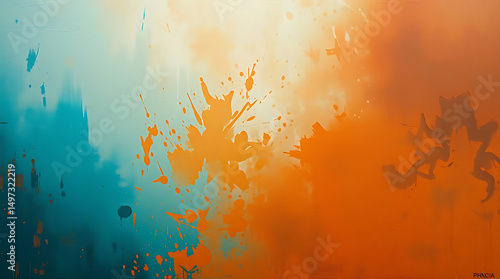 Abstract orange and teal paint splatter background texture