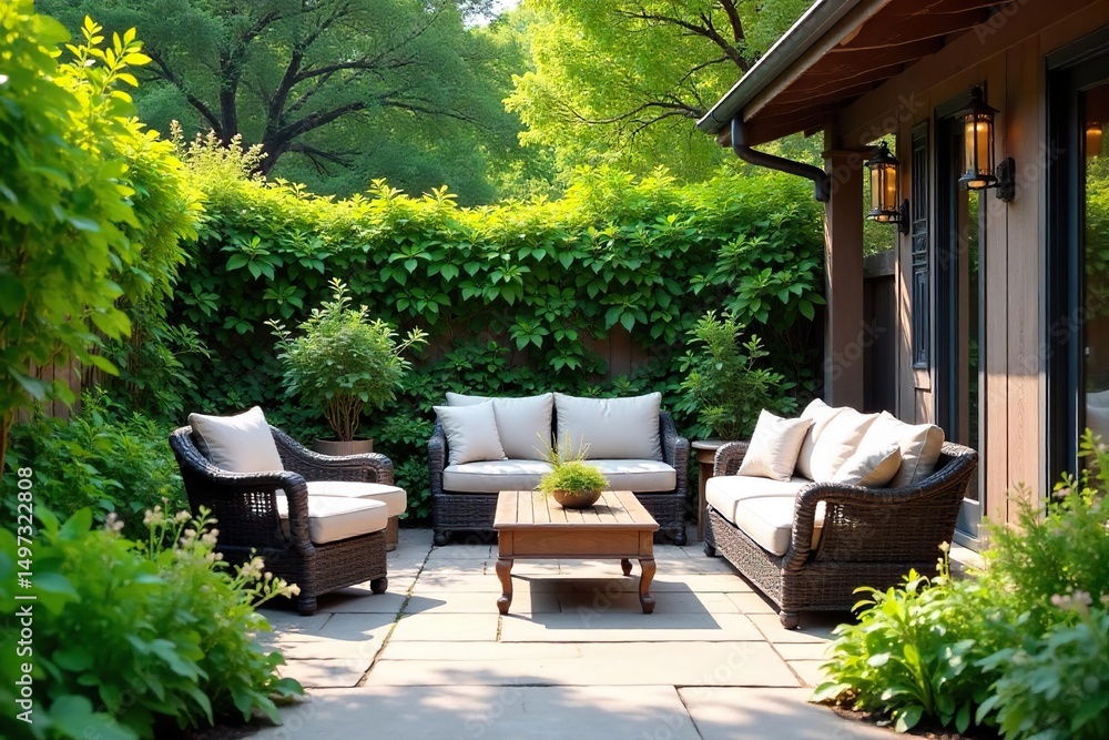 Fototapeta premium Serene garden patio scene with lush greenery, stone paving, and charming outdoor furniture creating a tranquil oasis perfect for relaxation and entertaining , tranquil, garden design, flowers