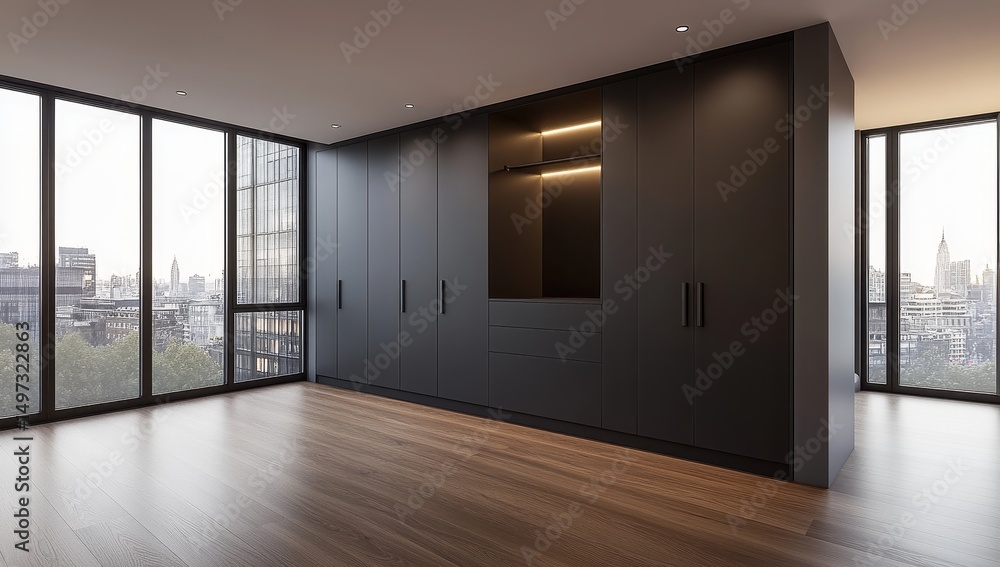 Obraz premium a large, empty room with dark grey cabinets and black windows