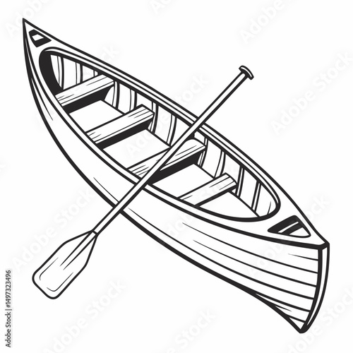 Vector illustration of a canoe with paddle black and white on white background for outdoor recreation and design