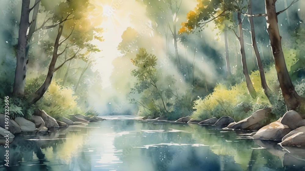custom made wallpaper toronto digitalA watercolor of tranquil river flowing through a dense forest, with sunlight filtering through the reflecting off the water.