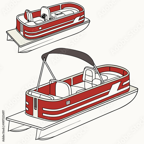 Vector illustration of a red pontoon boat suitable for summer recreation and water sports designs on a white background