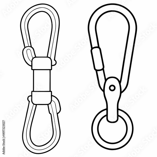Vector illustration of two climbing carabiners outlined in black ready for various design and project applications