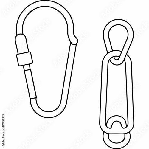 Vector illustration of two simple climbing carabiners with black outlines on a transparent background