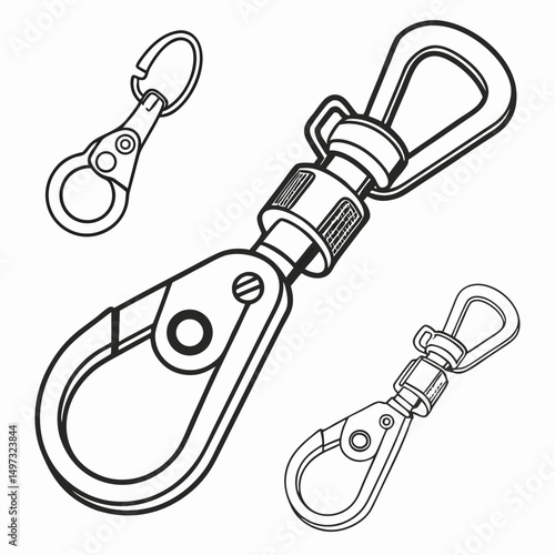 Vector illustration of various metal swivel snap hooks in outlined design on a transparent background for versatile design applications
