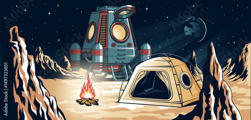 Space Camping on Alien Planet - Vector Illustration of Tent, Fire, and Rocket Lander. Tent, bonfire, and futuristic space lander are set among rocky extraterrestrial terrain under a starry sky