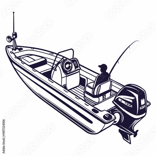 Angler on a motorboat silhouette against a white background for outdoor adventure and sport concept with a fishing rod.