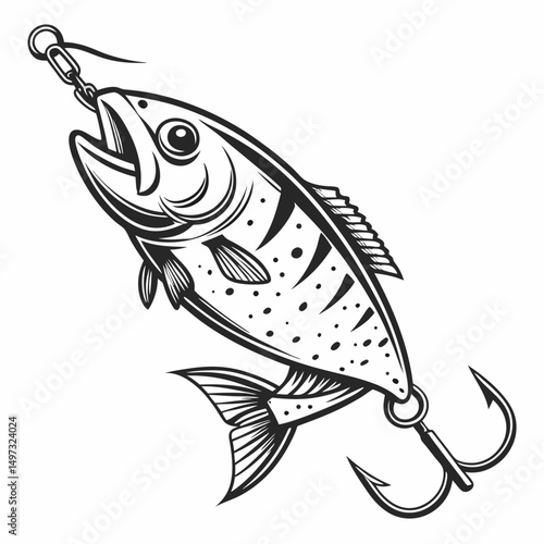Angler's delight vintage fishing lure illustration featuring a detailed fish design with hooks in a transparent format suitable for various design projects.