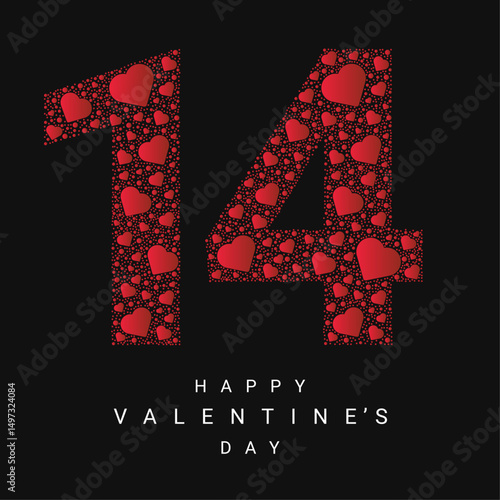 Happy Valentine’s Day vector with red heart pattern number 14 on black background, romantic love celebration, February 14 greeting card design