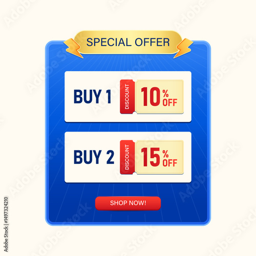 Special Offer Promo Banner with Buy 1 Get 10 Percent Off and Buy 2 Get 15 Percent Discount Coupon in Blue Background with Shop Now Call to Action for Marketing Promotion Design