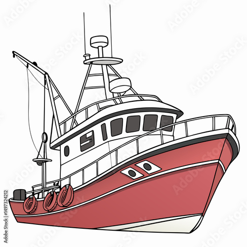 Cartoon illustration of a detailed fishing boat or trawler suitable for nautical and maritime themed design projects on a white background