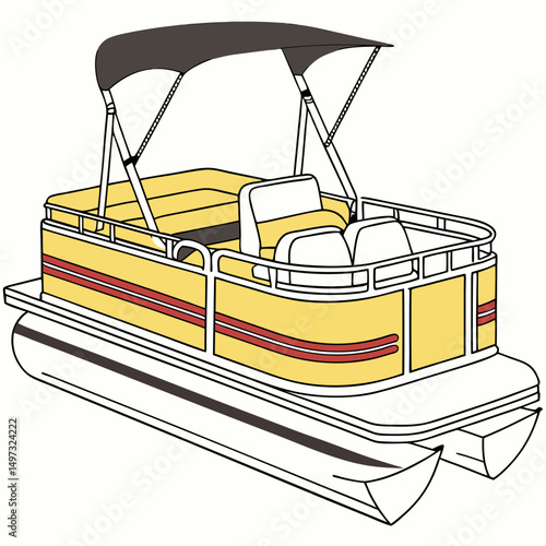 Cartoon illustration of a pontoon boat with canopy suitable for various water activities and leisure on transparent background