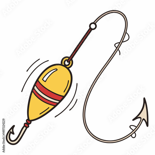 Cartoon illustration of a fishing float and hook ideal for outdoor recreation and angling activities