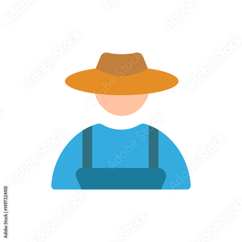 Stylized farmer character in overalls and wide-brimmed hat on transparent backdrop