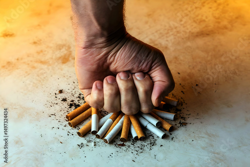 Man Refusing Cigarettes Anti Smoking Campaign Concept for World No Tobacco Day and Healthy Lifestyle Promotion crushed Cigarettes photo