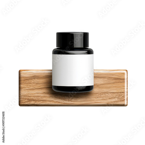 A black bottle on a wooden surface.