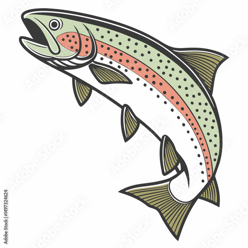 Colorful illustrated rainbow trout jumping design with transparent background for versatile design applications