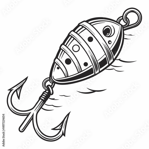 Detailed black and white fishing lure illustration design ideal for outdoors recreational projects and commercial applications