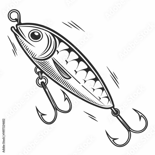 Detailed black and white fishing lure illustration with hooks perfect for angling and outdoor recreation concepts