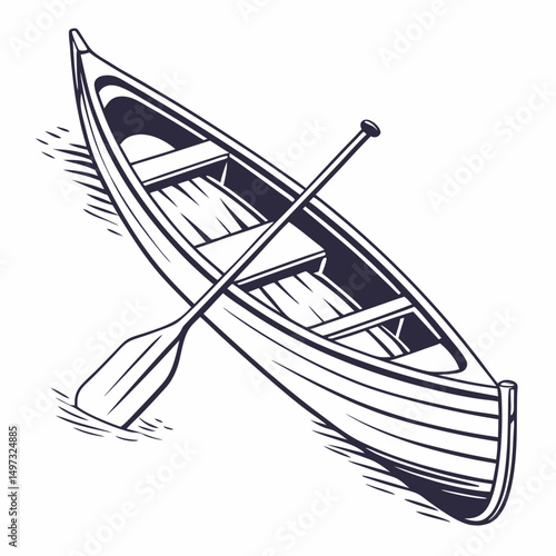 Detailed vector illustration of a canoe with paddle featuring nautical, camping and adventure themes suitable for versatile design applications.