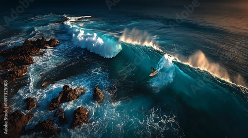 Surfer Riding Epic Ocean Wave at Sunset.
