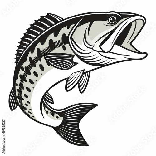Dynamic vector illustration of a jumping largemouth bass fish with transparent background suitable for various design applications