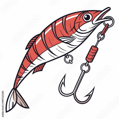Fishing lure illustration depicting a red fish bait with fishing hooks and transparency perfect for various design projects