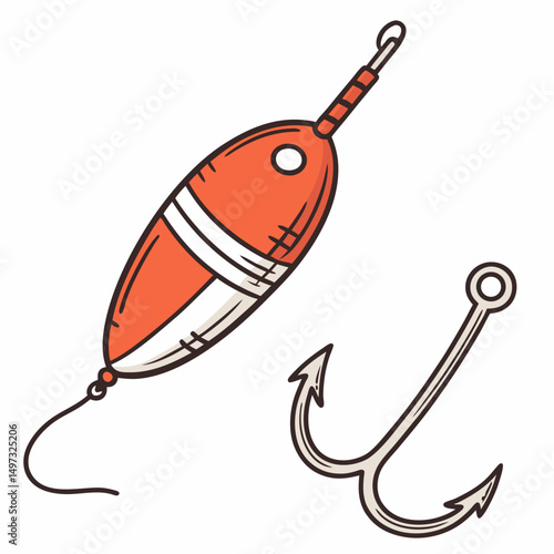 Fishing tackle illustration featuring a bobber and hook isolated on white background