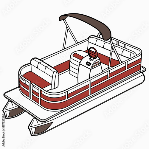 Flat vector illustration of a maroon and white pontoon boat with canopy and steering wheel depicting leisure and water recreation