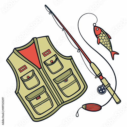 Fishing illustration with angler's vest rod and fish lure a vector graphic suitable for outdoors adventure or design projects