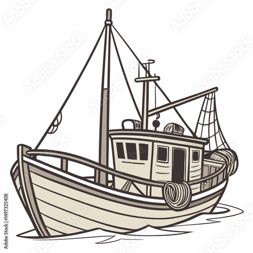Hand drawn illustration of a vintage fishing boat with mast and net sailing on the sea suitable for various design projects, with transparency