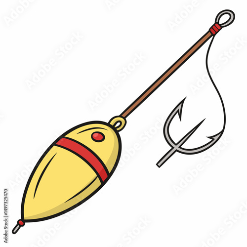 Illustrated fishing float with hook cartoon image perfect for angling recreation outdoors and aquatic fun