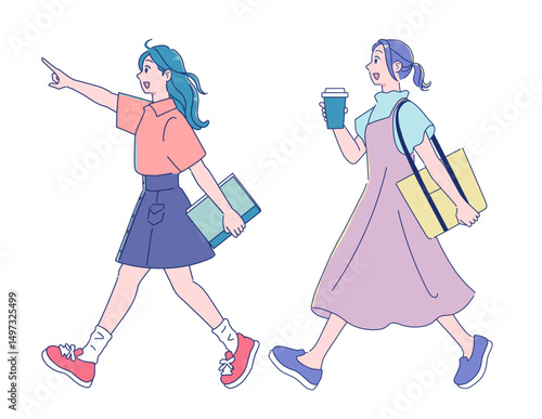 歩くアニメタッチの可愛い女子生徒
