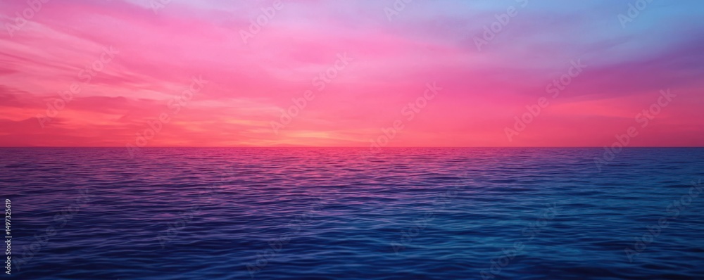 Obraz premium A vibrant pink and purple sunset over a calm ocean, with rippling water beneath a colorful sky.