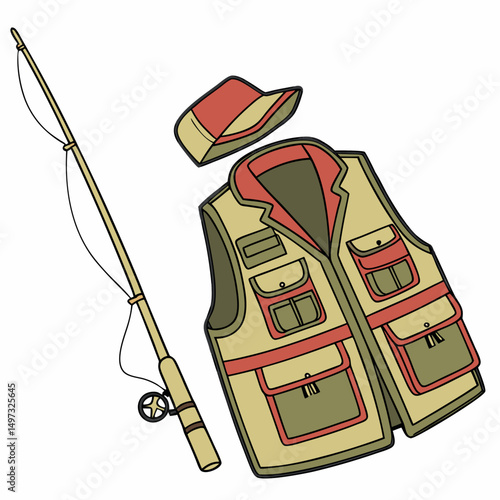 Illustration of fishing gear including a rod vest and hat suitable for outdoors recreation and angling activities depicted with hand drawn outlines