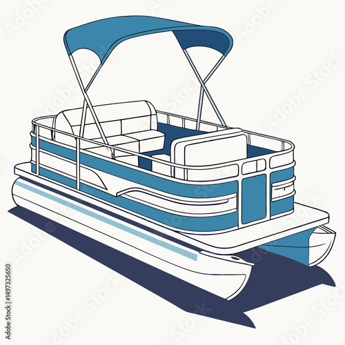 Illustration of a pontoon boat with blue accents and canopy on a white background suitable for watersports and recreational designs