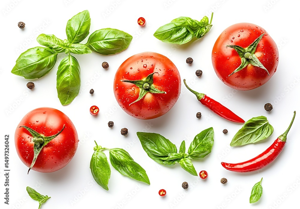 Top view of tomatoes, basil, and chili peppers on a white background, flat lay, top-down perspective, isolated objects, white background. Top view of tomatoes, basil, and chili peppers on a white background, flat lay, top-down perspective, isolated objects, white background.