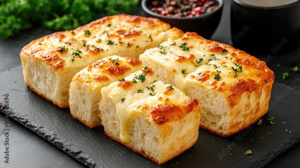 Cheese focaccia bread with melted cheese pools and herb topping, sliced and arranged on slate surface Cheese focaccia bread with melted cheese pools and herb topping, sliced and arranged on slate surface