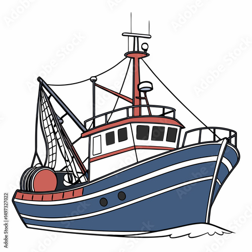 Stylized cartoon fishing boat vector illustration with transparent background for design projects