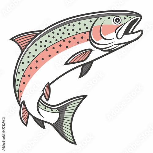 Stylized jumping rainbow trout illustration with bold outlines on transparent background