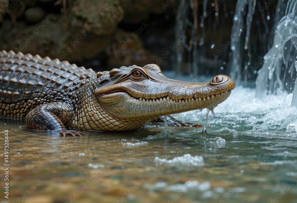 Obraz premium Alligator in Water with Waterfall