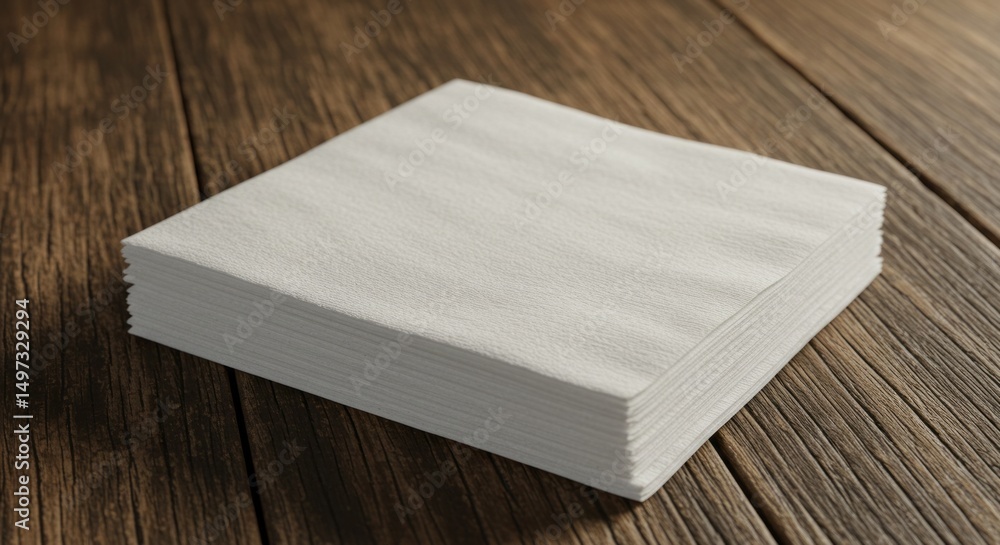 Fototapeta premium Stack of white paper napkin on rustic wooden table. Hygienic paper product for kitchen and dining. Concept of cleanliness and hospitality.