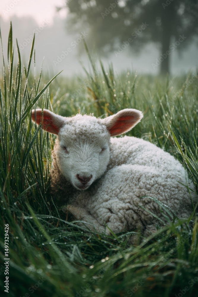 Obraz premium Adorable Fluffy Lamb Resting in Dewy Green Grass