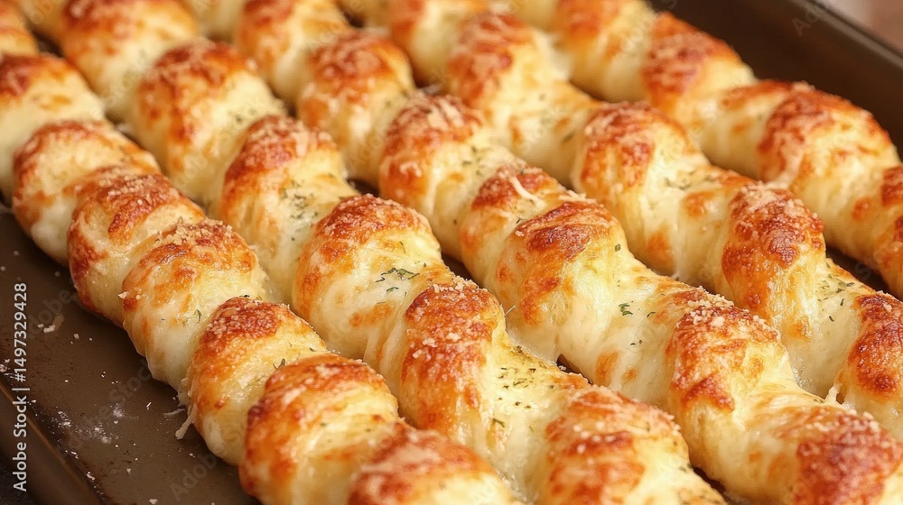 Cheesy bread twists arranged diagonally on baking sheet, parmesan melted into each twist and golden brown Cheesy bread twists arranged diagonally on baking sheet, parmesan melted into each twist and golden brown