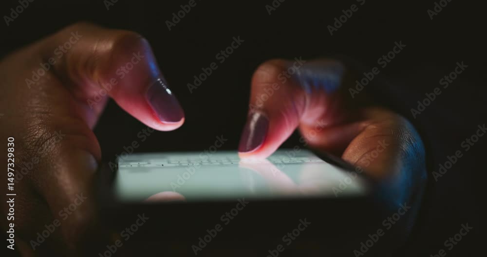 Night, cybersecurity and hands typing with phone for texting, internet troll or person cyberbullying. Dark comment, social media netizen or keyboard warrior for smartphone, online bullying or hacking