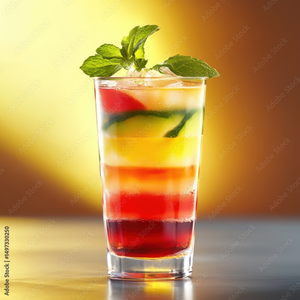 Layered colorful mixed drink garnished with mint and ice sits attractively against a warm background Layered colorful mixed drink garnished with mint and ice sits attractively against a warm background
