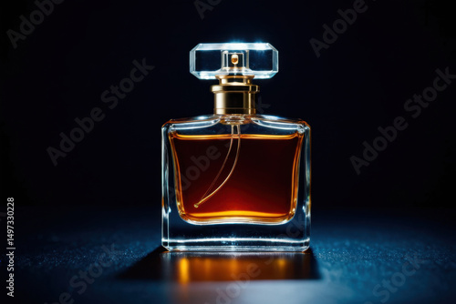 A close-up of a luxurious perfume bottle placed on a table, perfect for editorial or commercial use